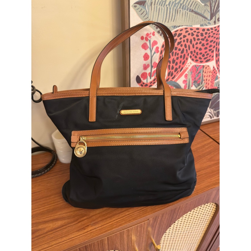 Michael Kors Kempton Black Nylon Tote Bag Tan Leather Trim Gold Hardware